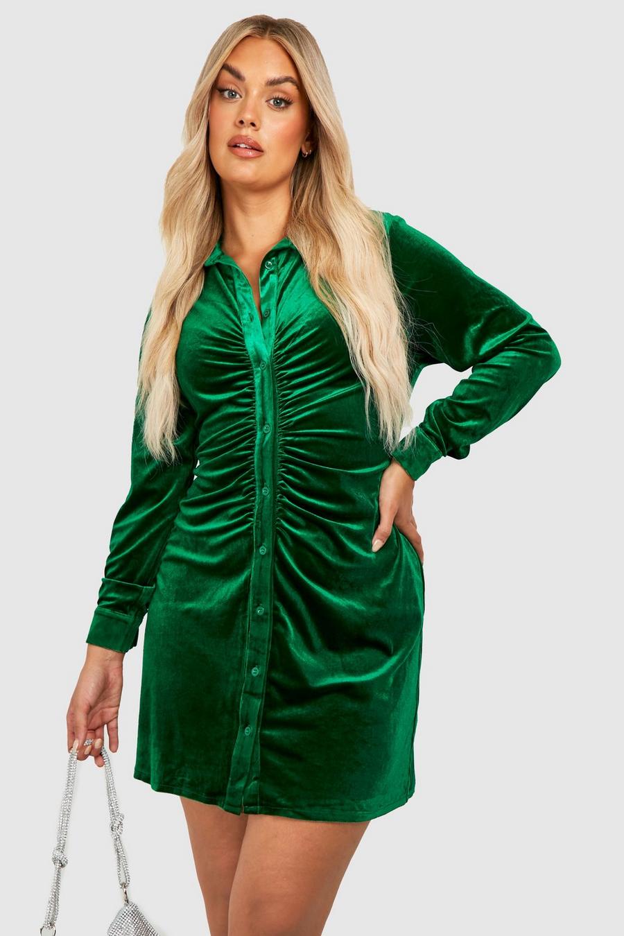 Grande taille - Robe chemise froncée en velours, Emerald image number 1