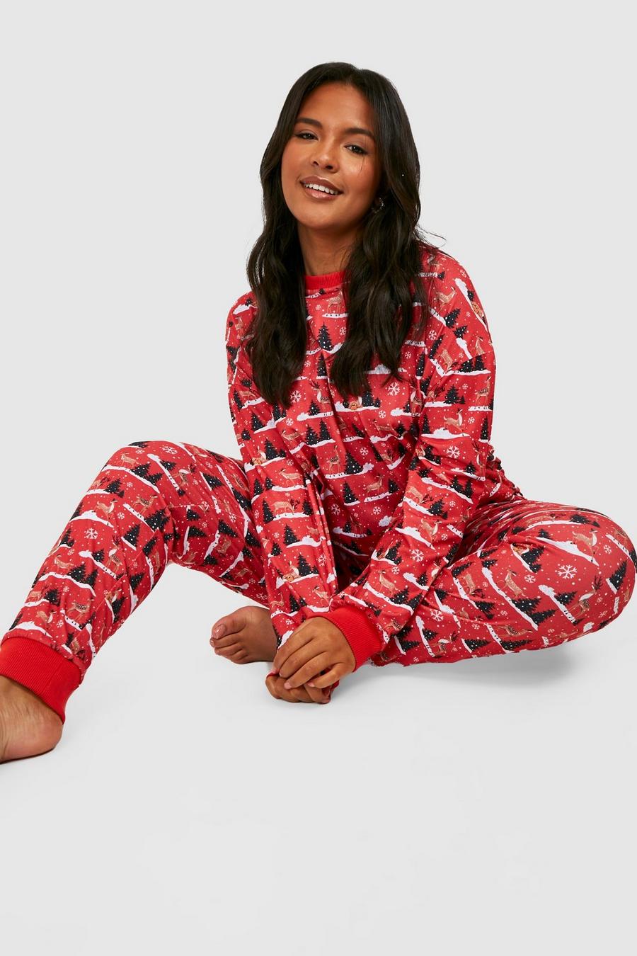 Pijama Plus navideño de pantalón largo con estampado de paisaje nevado, Red image number 1