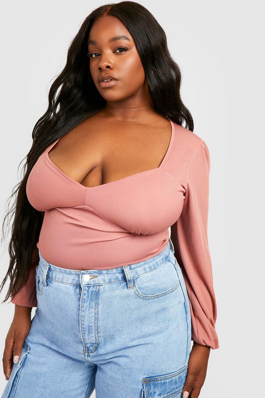 Dusty rose Plus Rib Puff Sleeve Corset Top image number 1