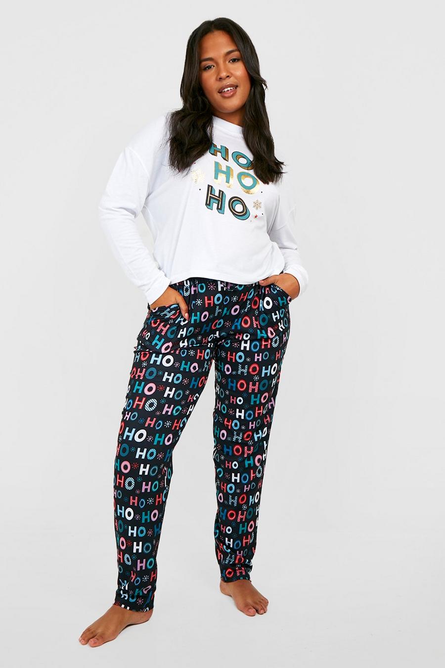 Pijama Plus de pantalón largo con eslogan Ho Ho Ho, White image number 1