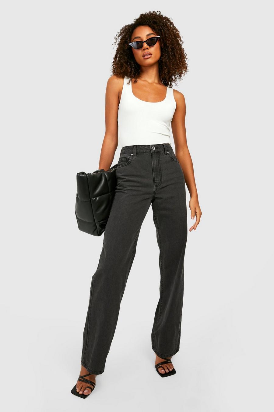 שחור דהוי מכנסי ג'ינס בגזרת בויפרנד משוחררת Low Rise, לנשים גבוהות