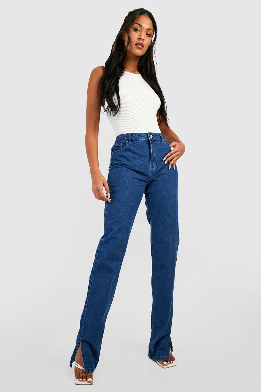 Tall gerade Jeans mit mittelhohem Bund und geteiltem Saum, Mid blue image number 1