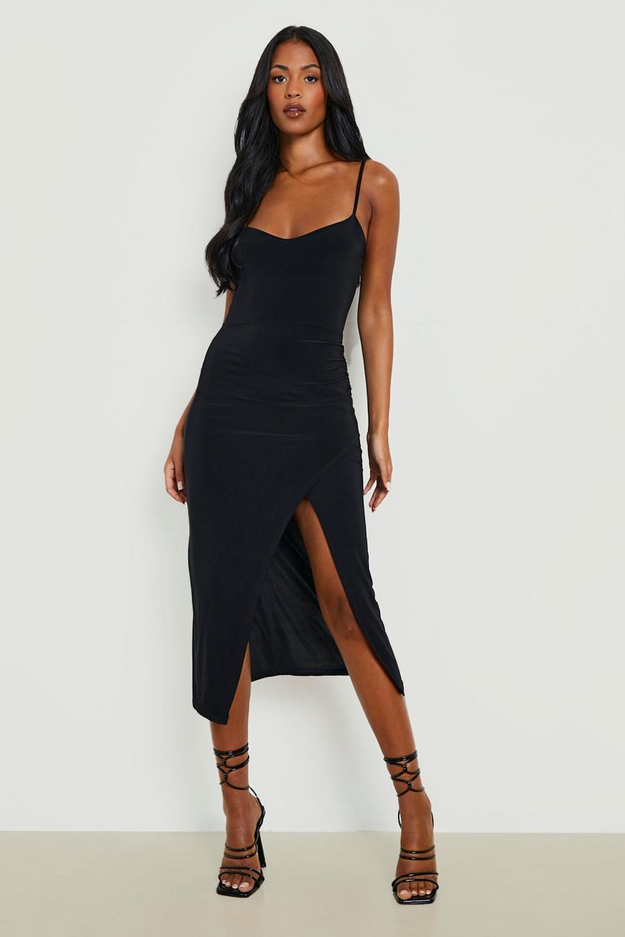 Black Tall Strappy Wrap Front Slinky Midi Dress image number 1