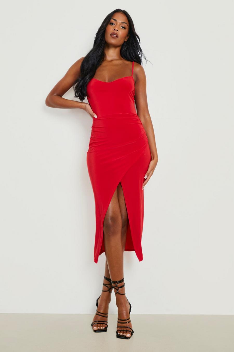 Red Tall Strappy Wrap Front Slinky Midi Dress