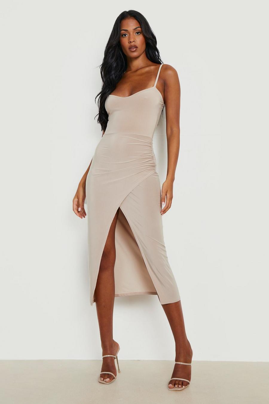 Stone Tall Strappy Wrap Front Slinky Midi Dress image number 1