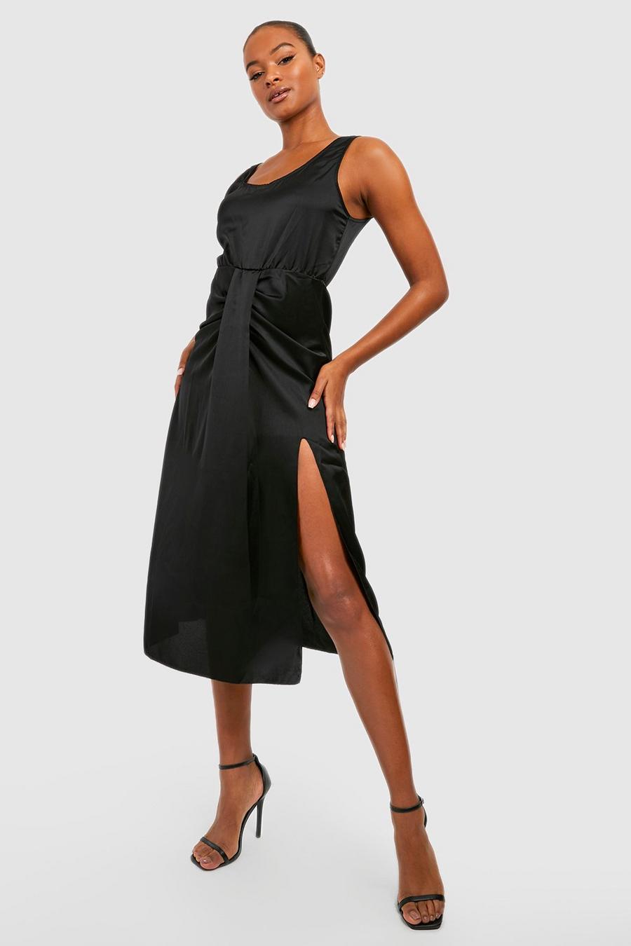 Black Tall Satin Scoop Neck Split Midi Dress image number 1