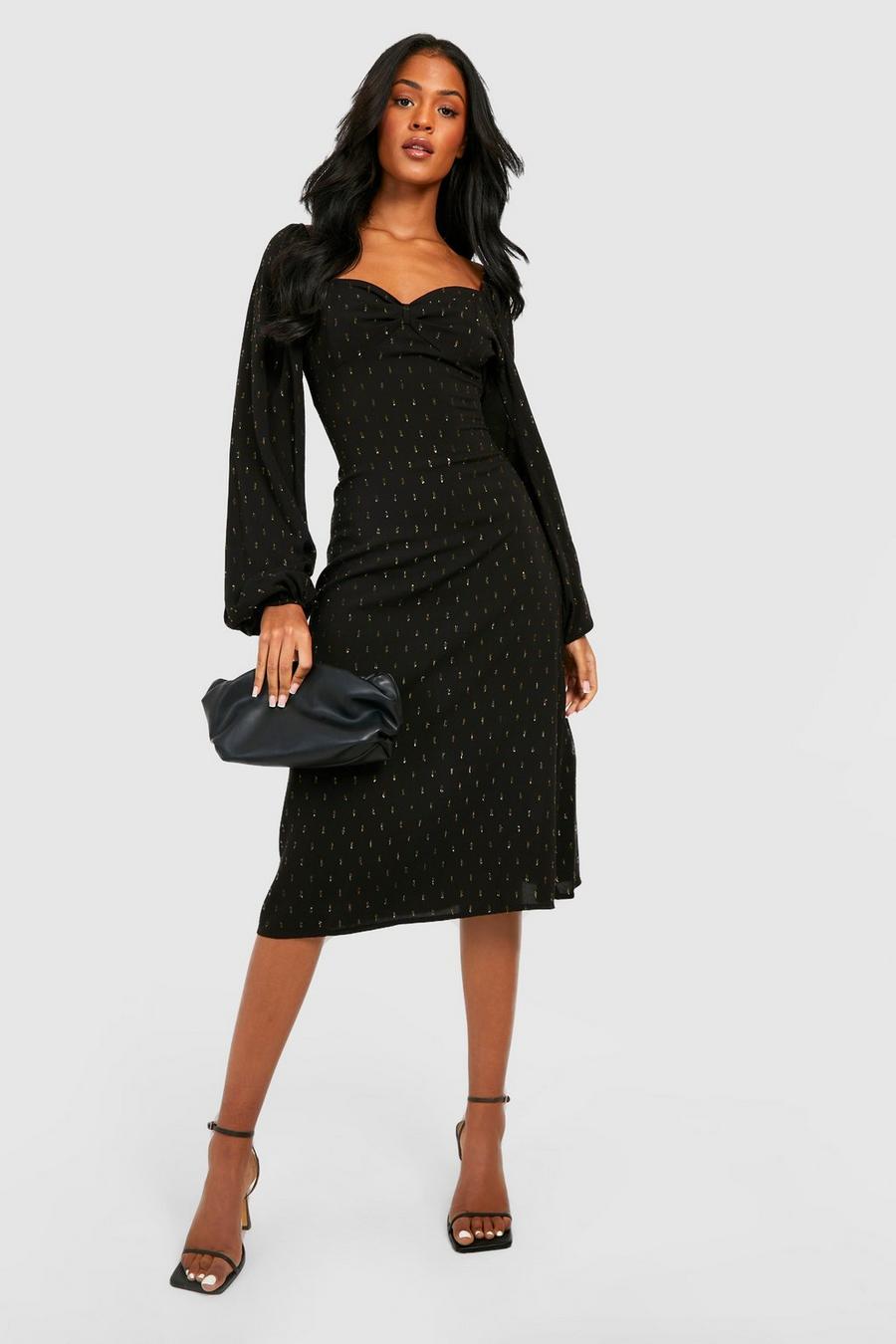 שחור שמלת מידי עם עיטור מטאלי ושרוולים בסגנון איכרים, לנשים גבוהות image number 1