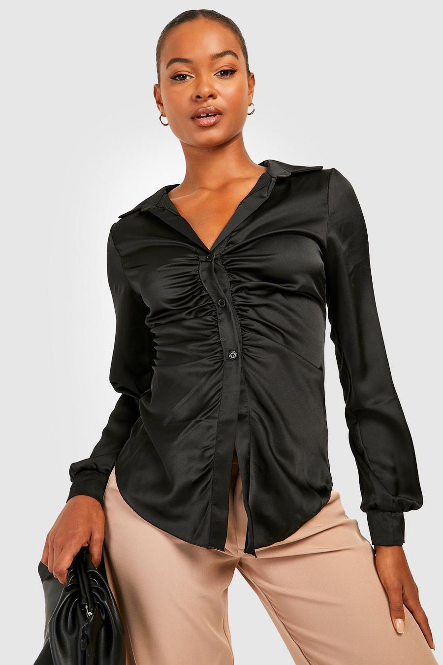 Black Tall Ruched Relaxed Satin Shirt image number 1