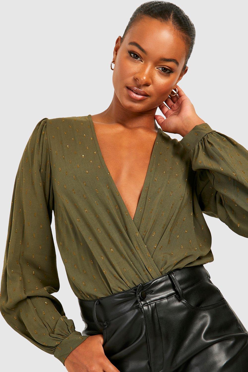 Khaki Tall Metallic Detail Chiffon Wrap Bodysuit