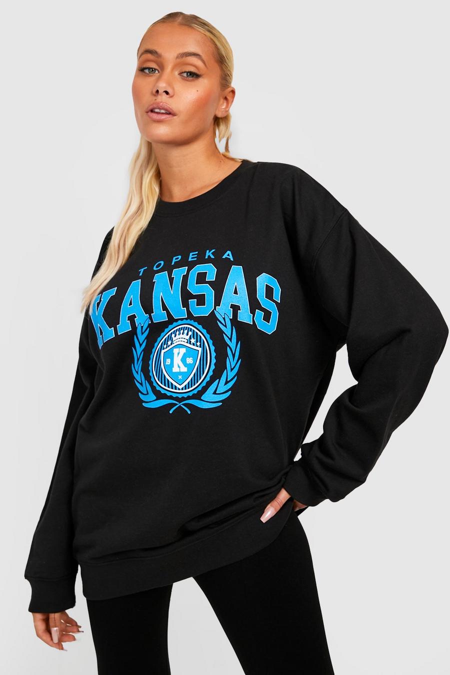 Black schwarz Kansas Slogan Printed Oversized Sweater