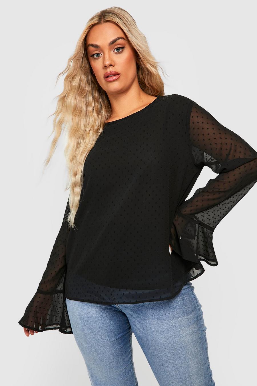 Black Plus Textured Dobby Pussybow Blouse 