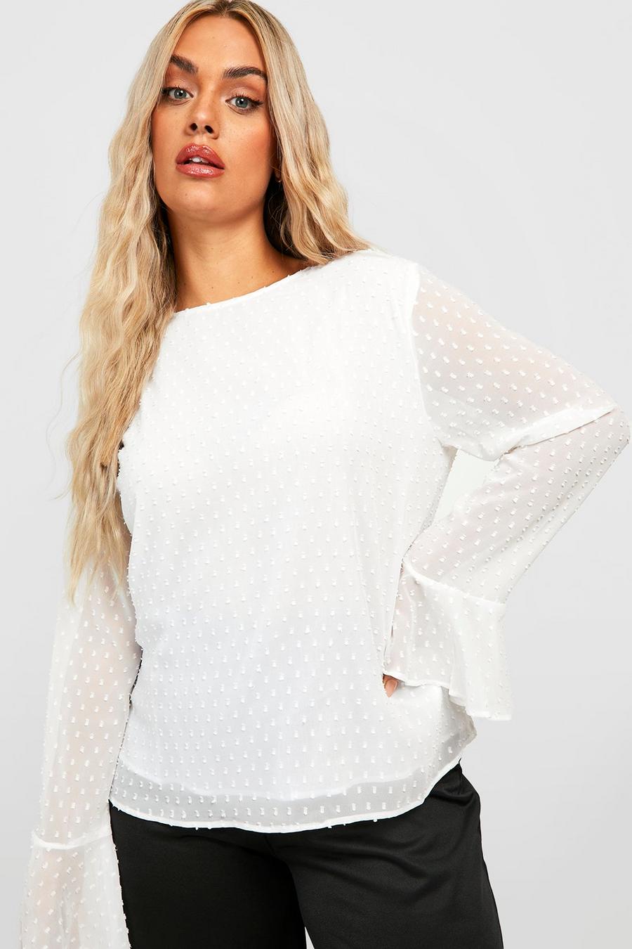 Ivory weiß Plus Textured Dobby Pussybow Blouse 