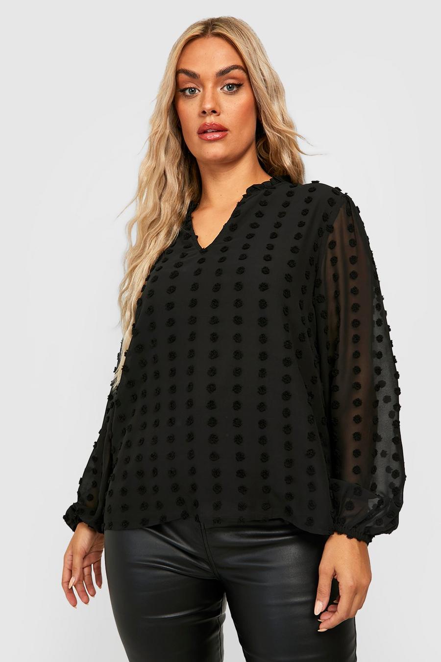 Black Plus Textured Dobby Pussybow Blouse  image number 1
