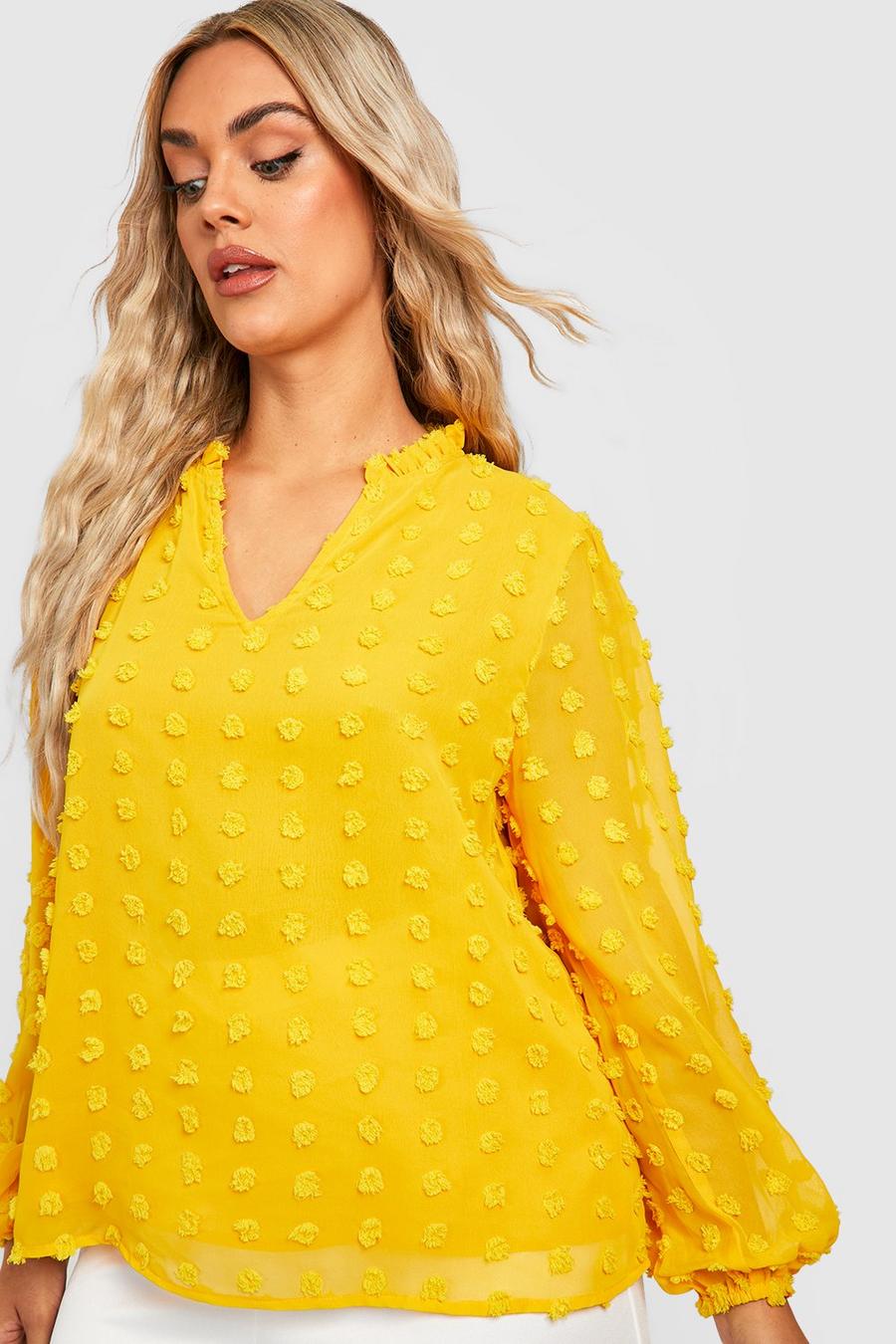 Mustard yellow Plus Textured Dobby Pussybow Blouse 