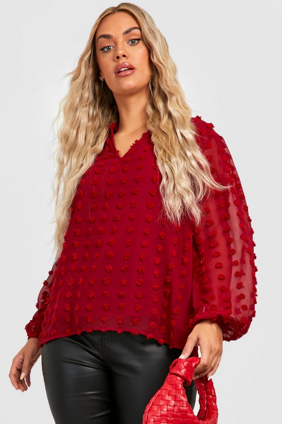 Wine rojo Plus Textured Dobby Pussybow Blouse  image number 1