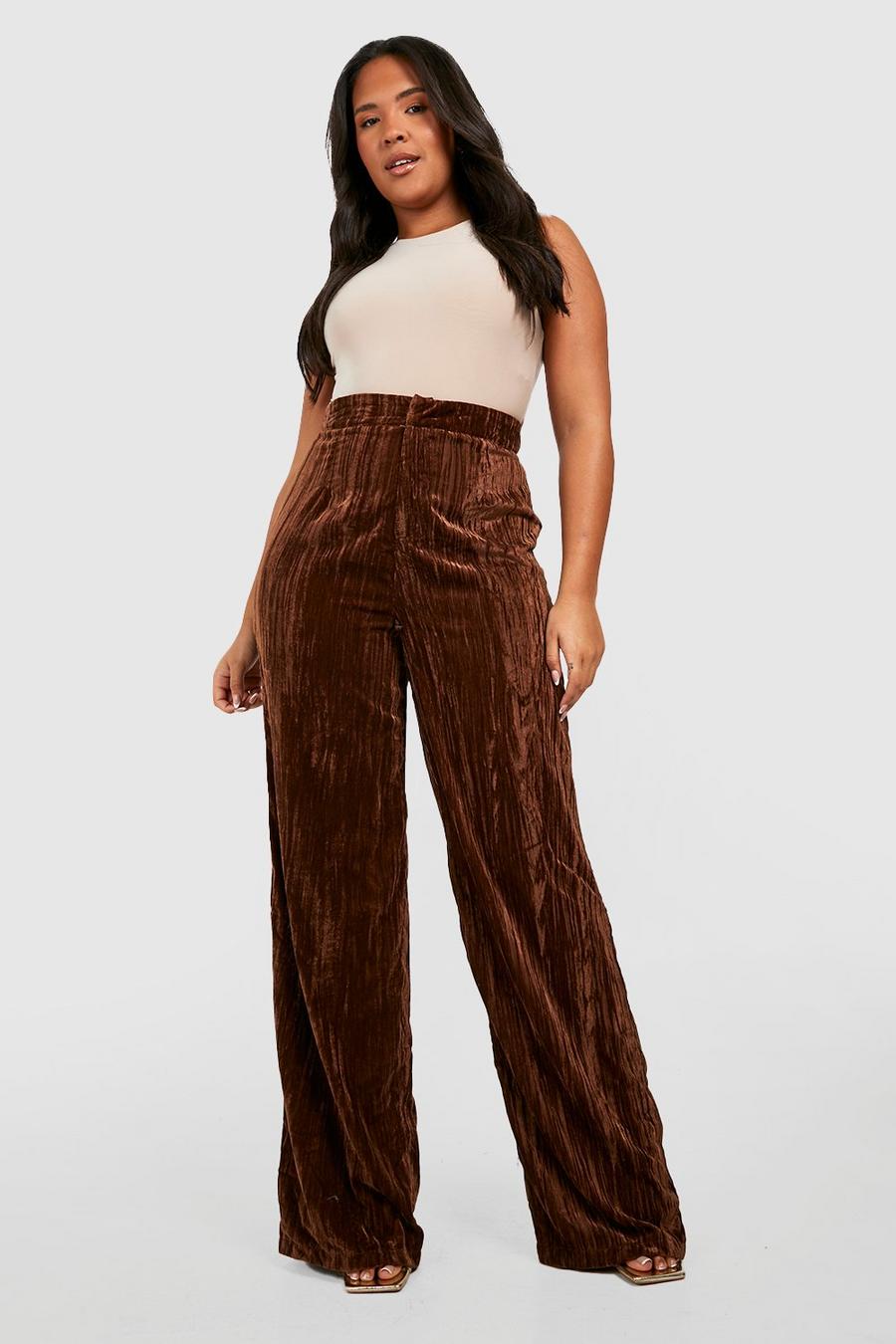 Pantaloni Plus Size a gamba ampia in velluto, Chocolate brown