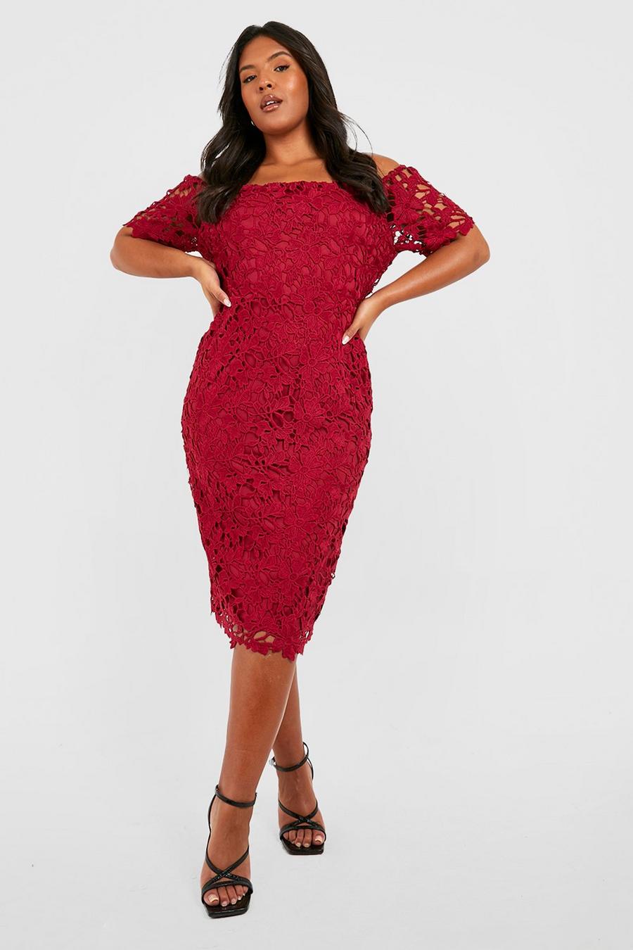 Wine red Plus Premium Lace Off Shoulder Midi Dress image number 1