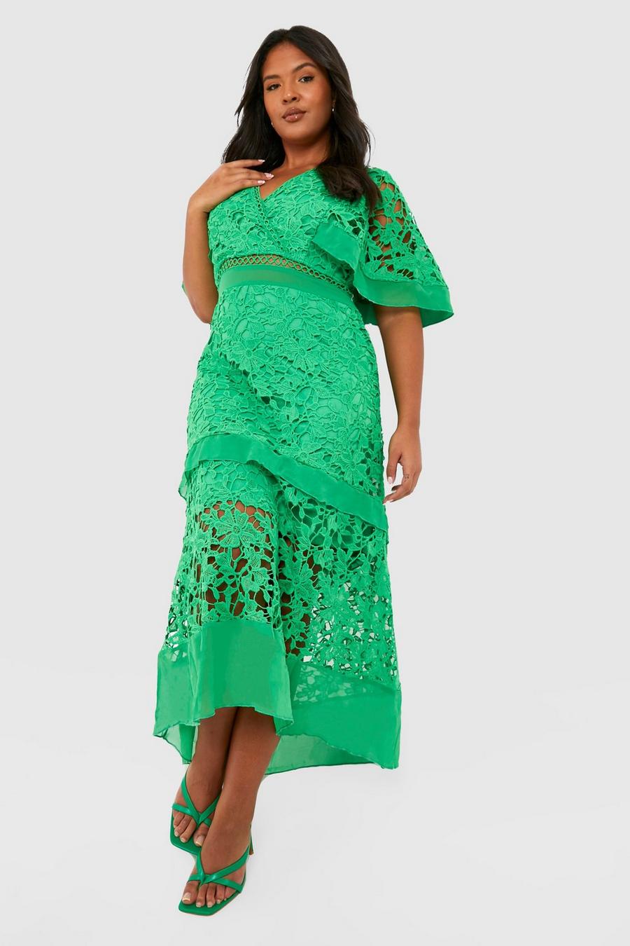 Green Plus Premium V Neck Tiered Lace Dress image number 1