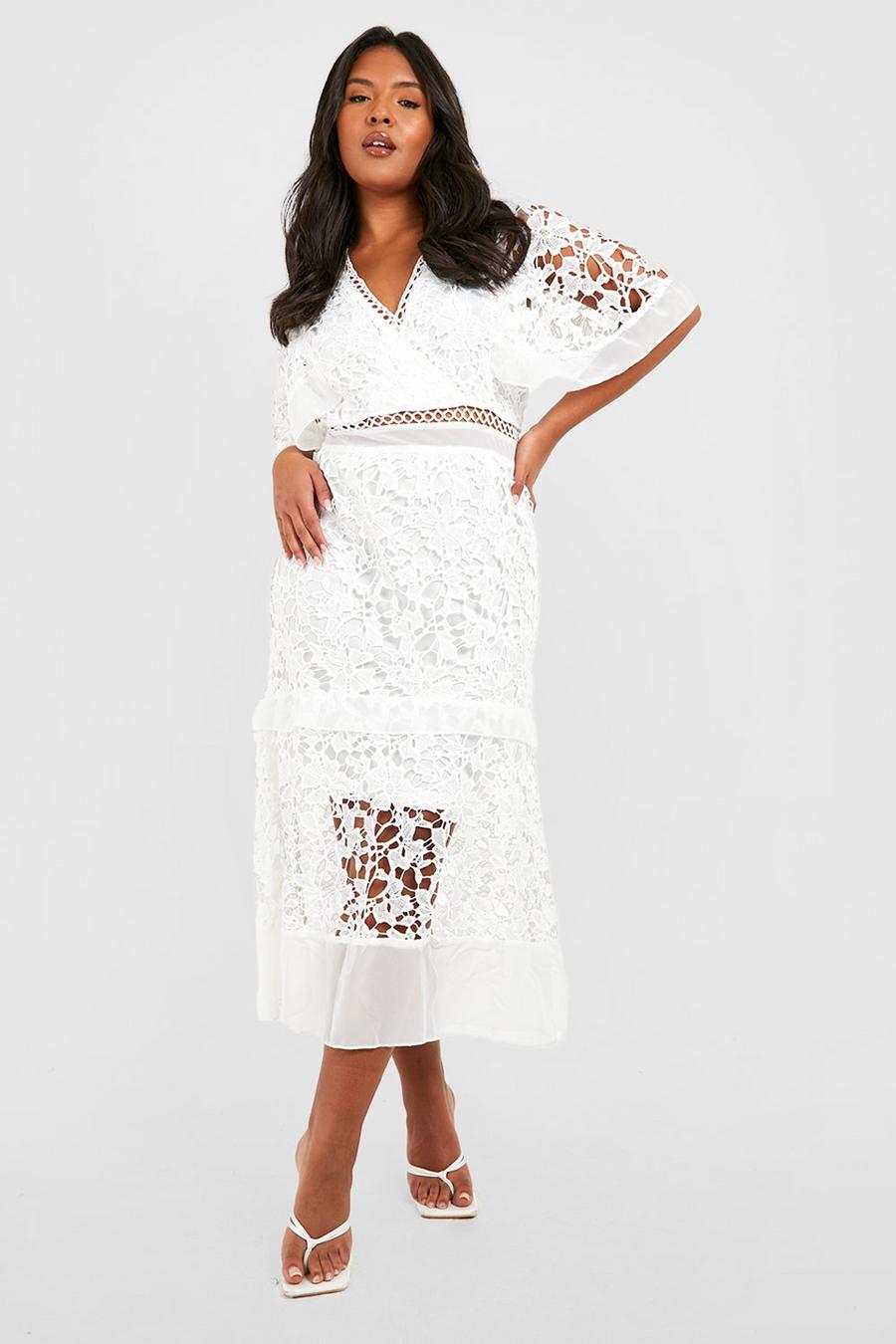 White Plus Premium V Neck Tiered Lace Dress image number 1