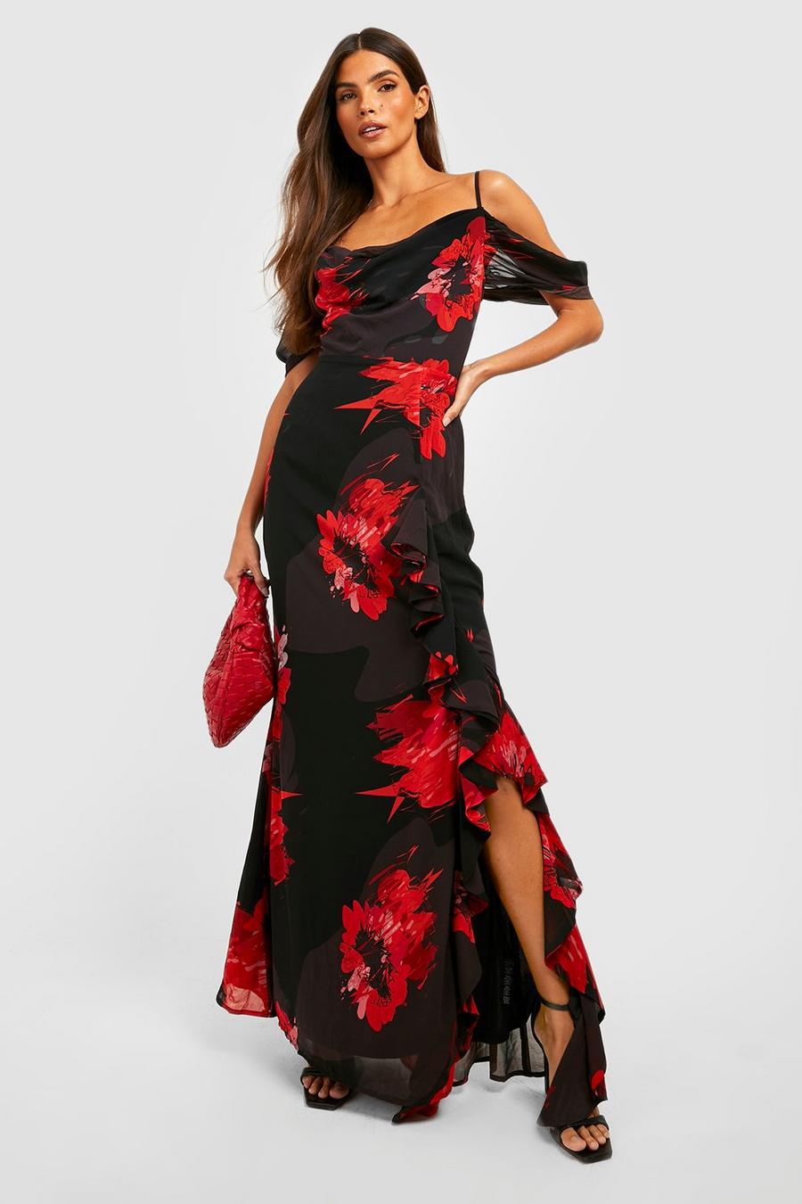 Black Floral Chiffon Ruffle Maxi Dress