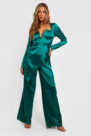 Satin Plunge Wide Leg Jumpsuit emerald