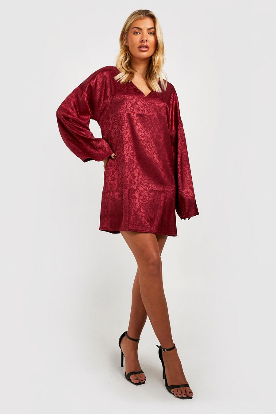 Berry red Jacquard Satin Wide Sleeve Shift Dress 