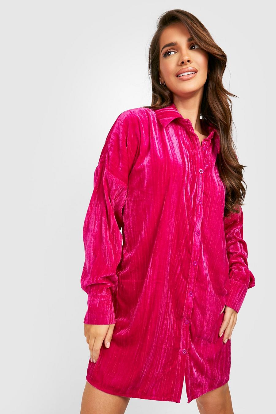 Pink Premium Velvet Oversized Shirt Dress image number 1