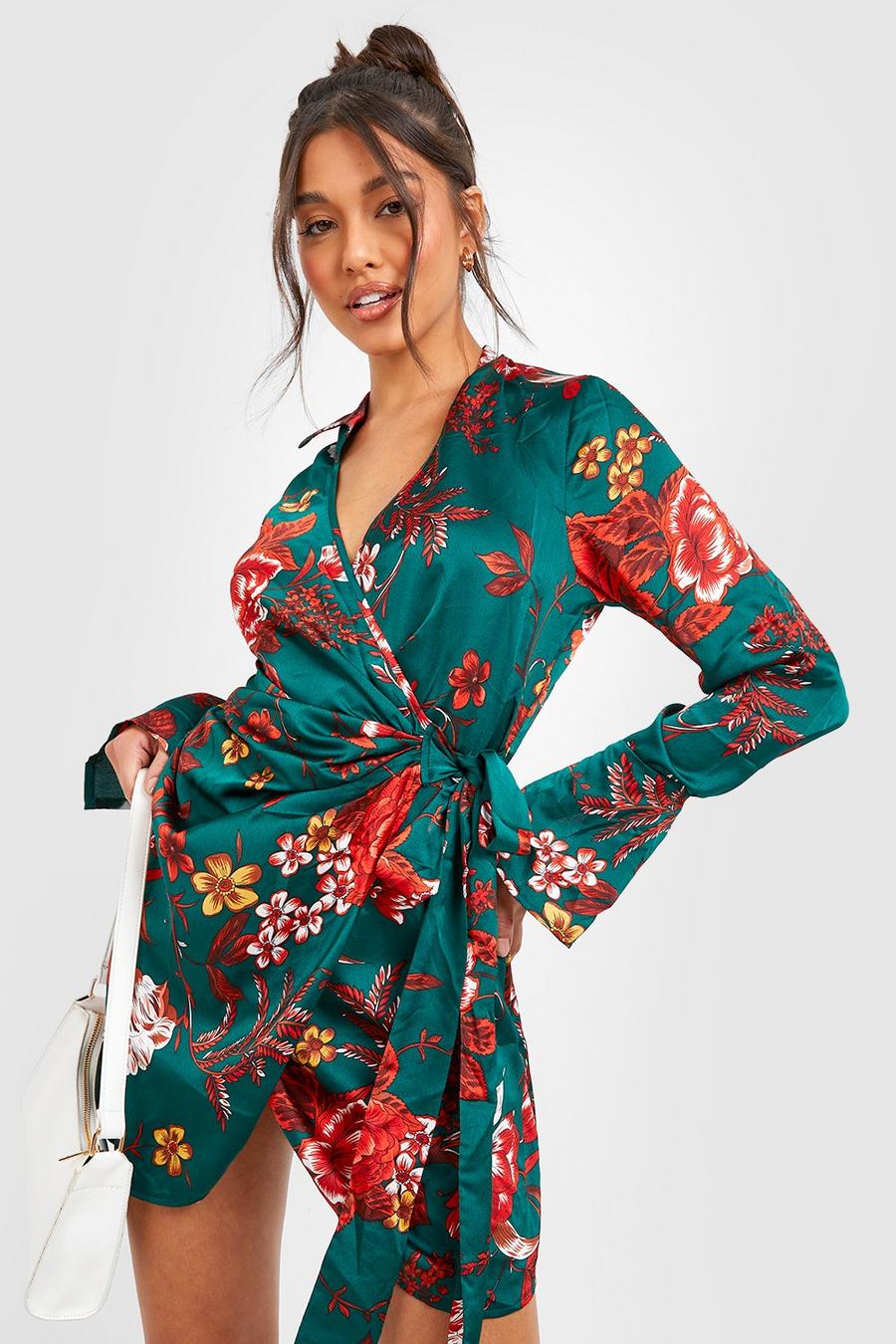 Women's Satin Floral Drape Wrap Shirt Dress | Boohoo UK