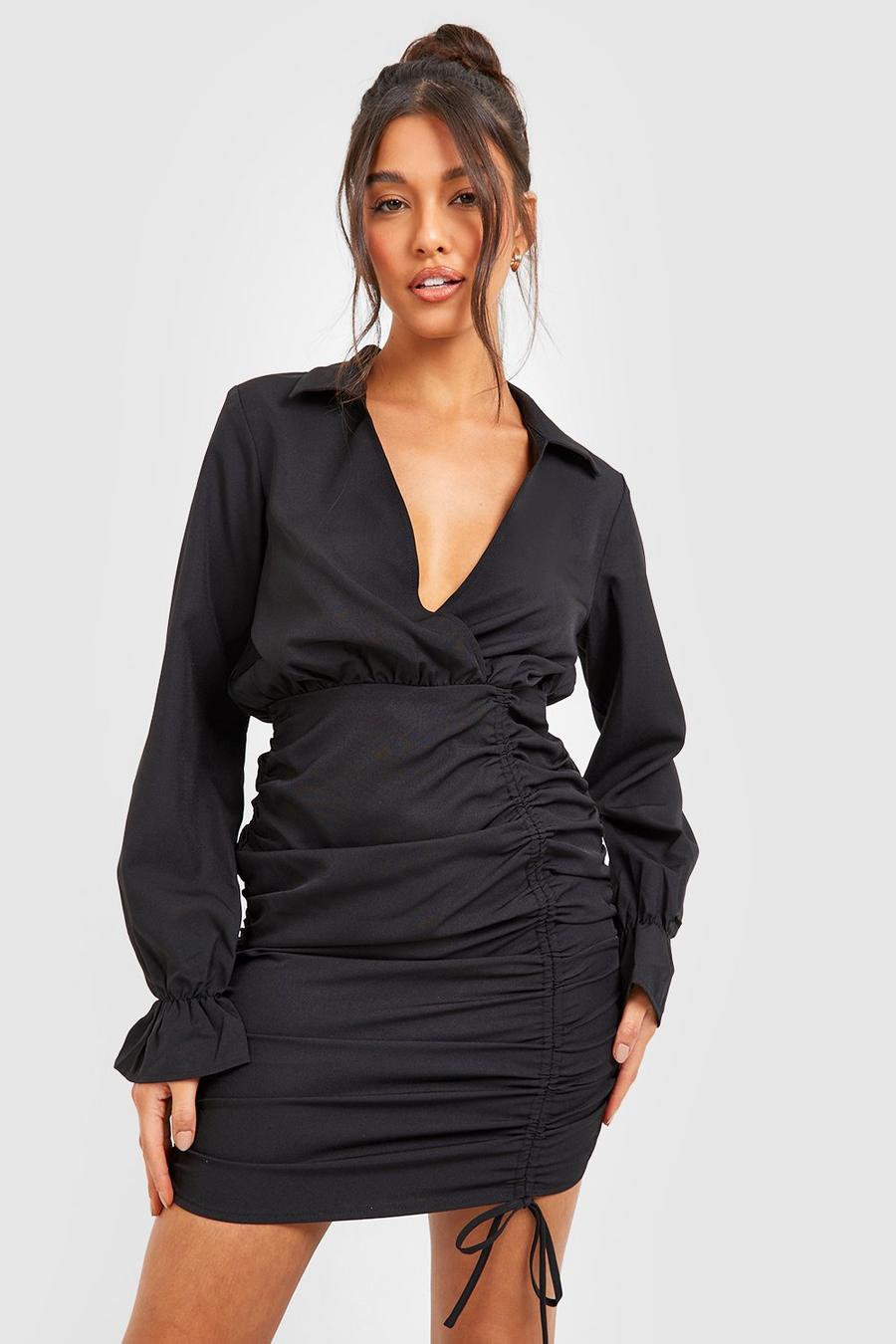 Black Ruched Detail Long Sleeve Mini Dress image number 1