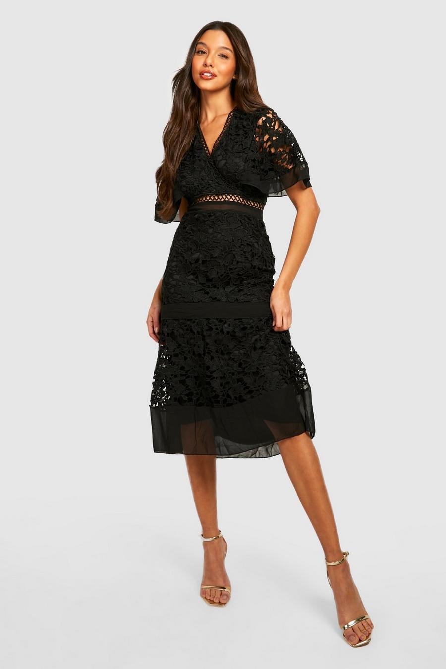 Black Crochet Mesh Detail Midi Dress image number 1