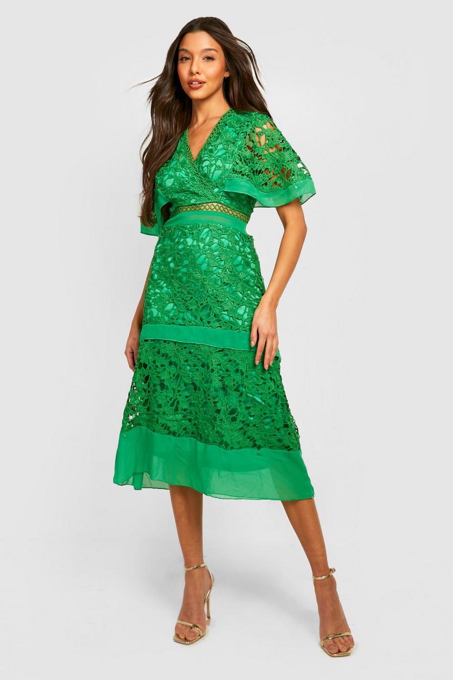 Bottle green Crochet Mesh Detail Midi Dress