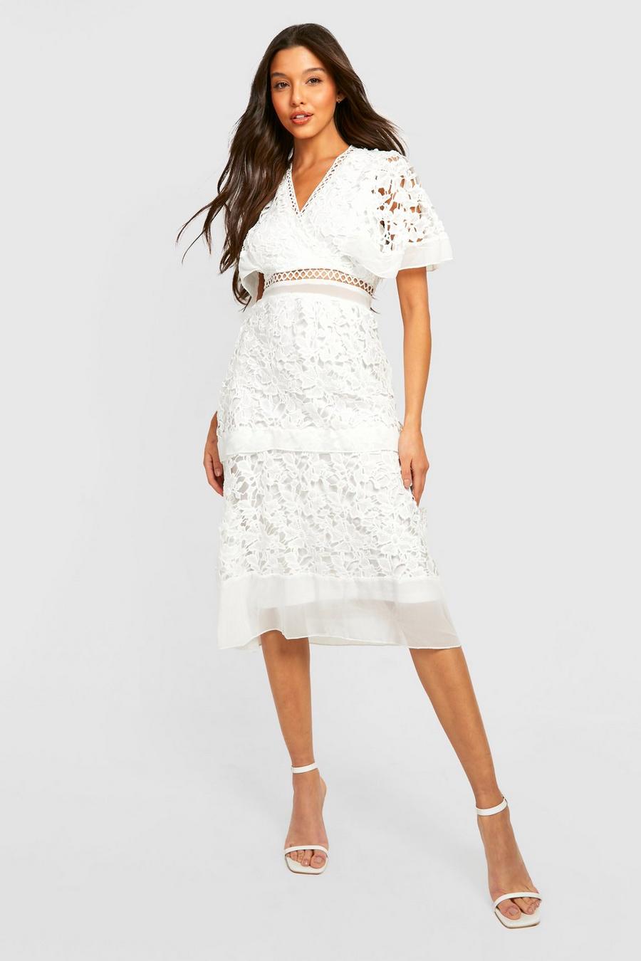White Crochet Mesh Detail Midi Dress image number 1