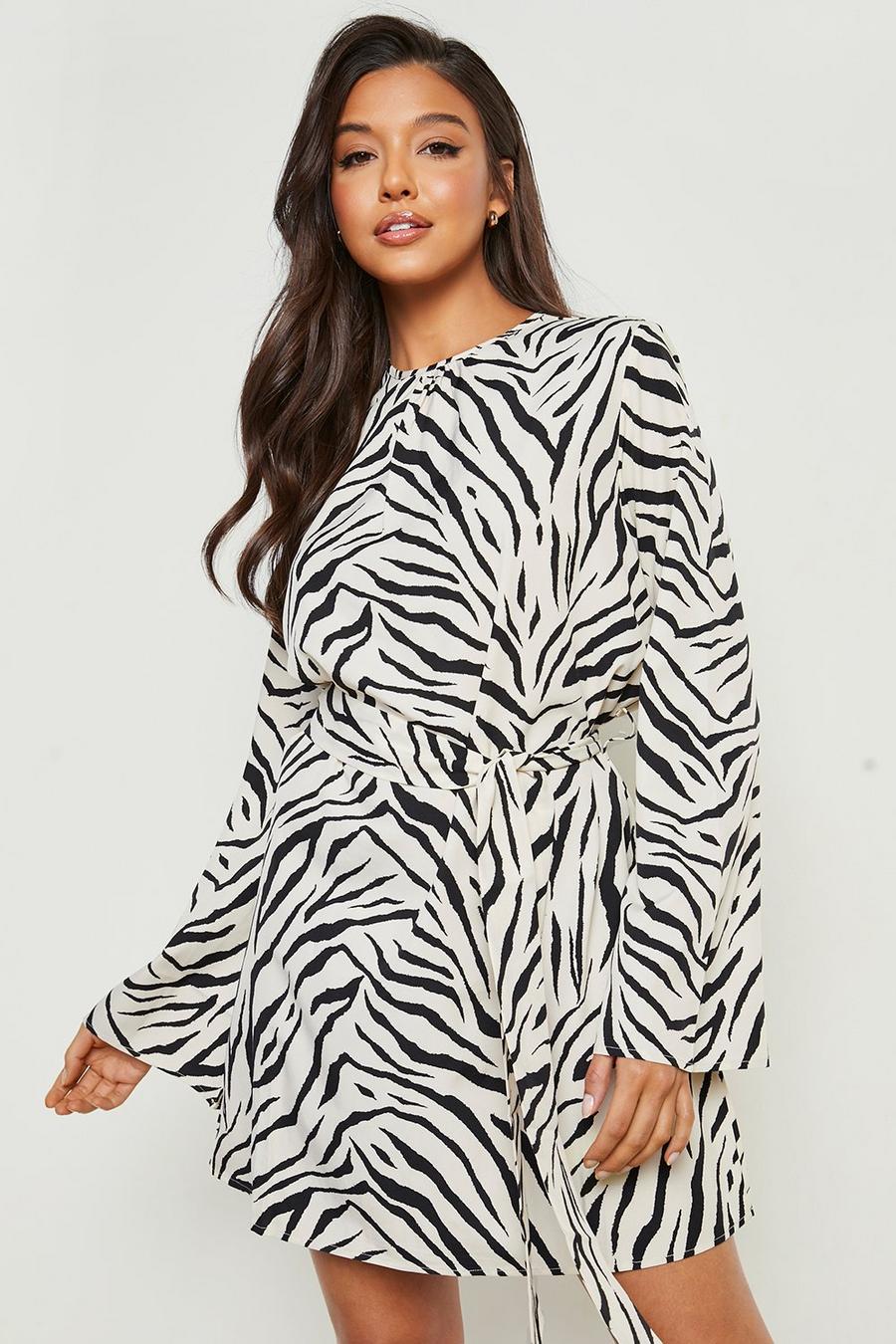 Beige Zebra Print Belted Mini Dress