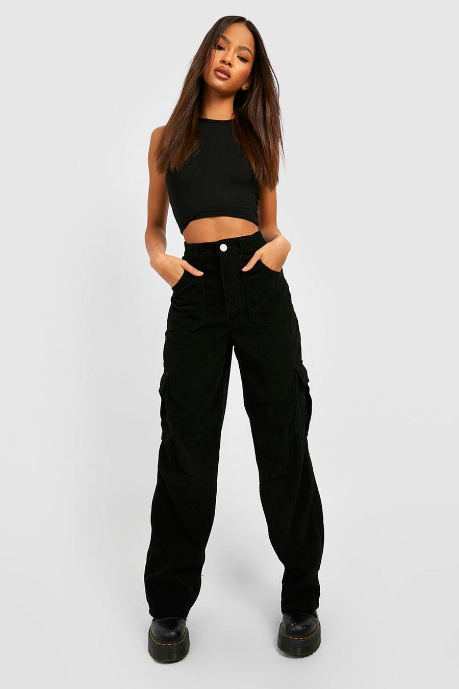 Black Cord High Waisted Cargo Jeans image number 1