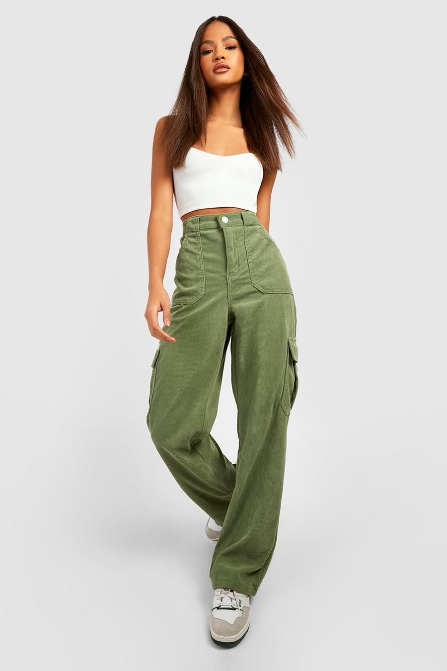 Khaki Cord High Waisted Cargo Jeans image number 1
