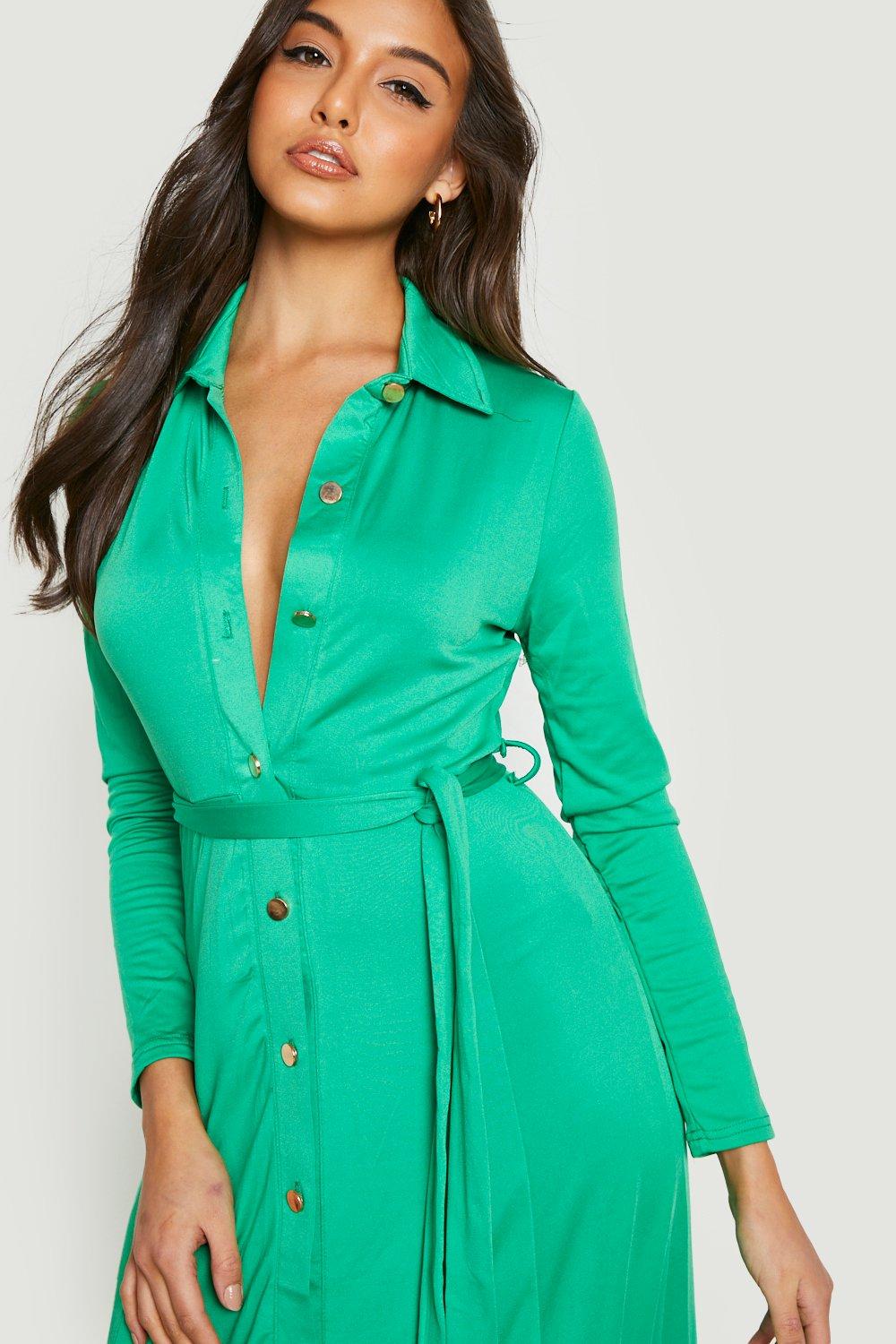 Button Detail Belted Midi Shirt Dress