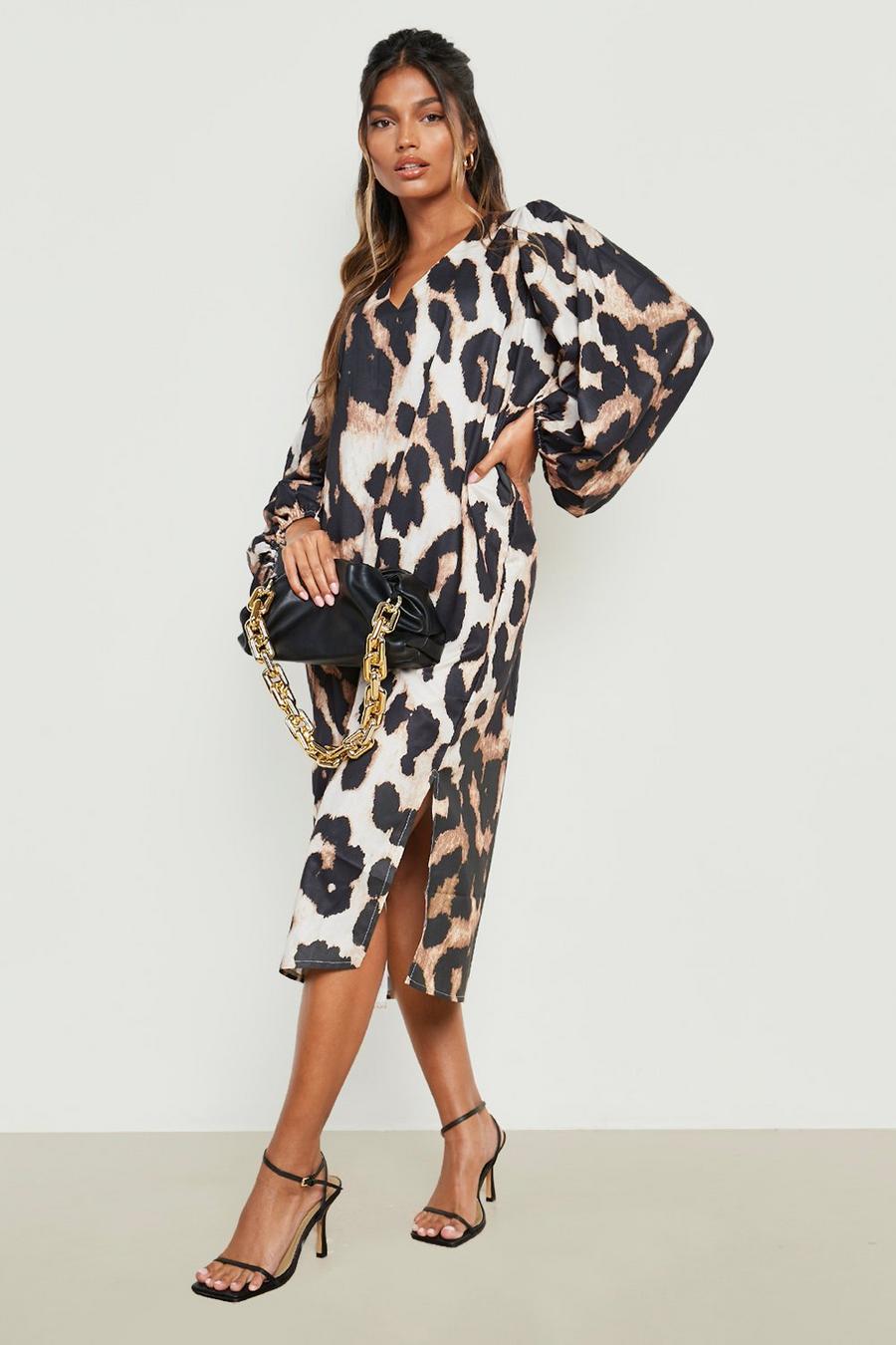 Leopard Print Puff Sleeve Midi Dress image number 1