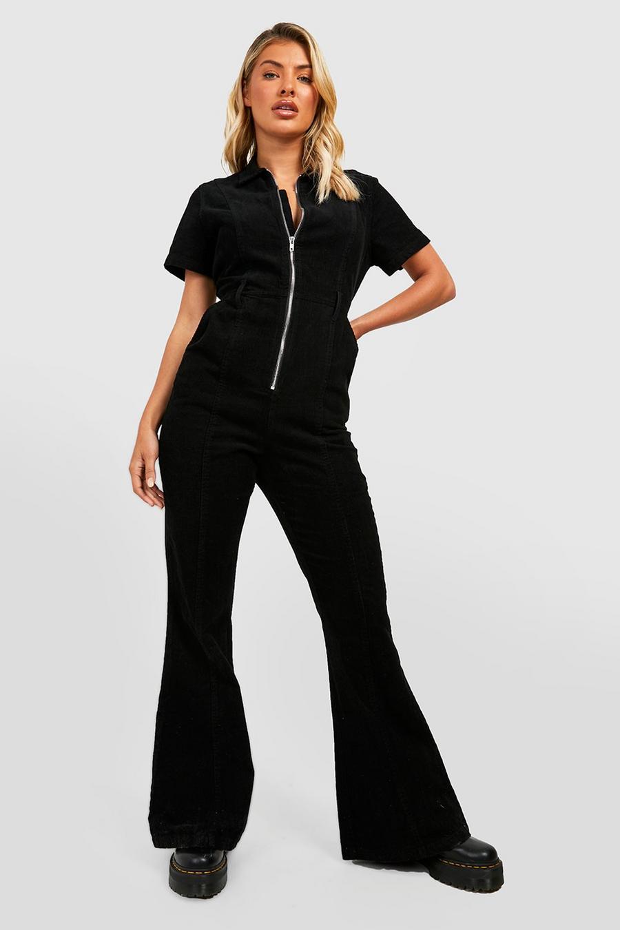 Black Cord Zip Up Flared Jumpsuit