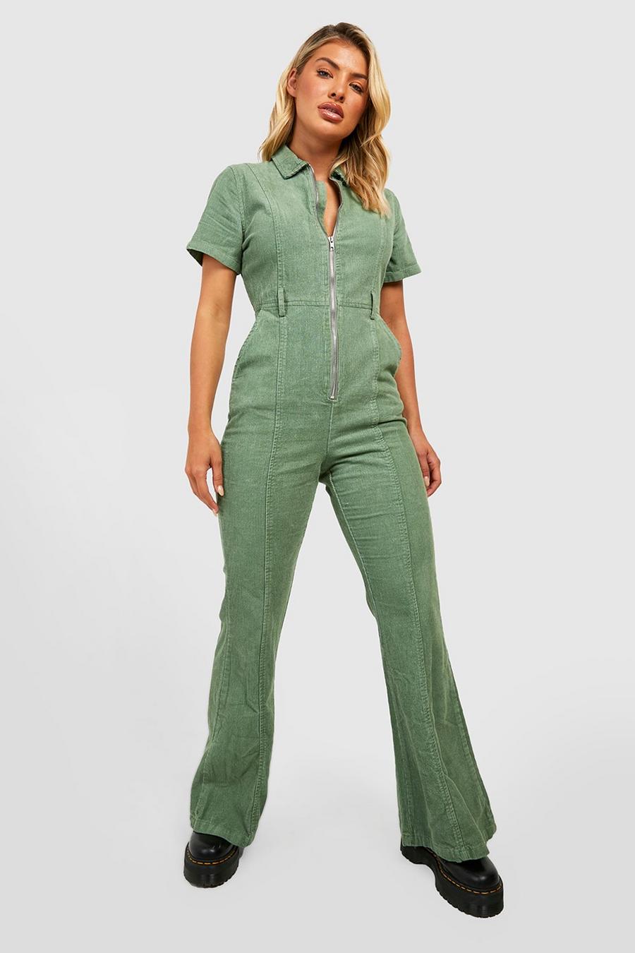 Khaki Cord Zip Up Flared Jumpsuit image number 1