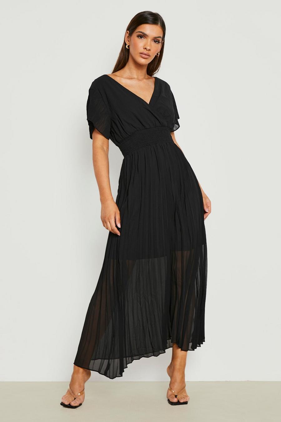 Black Pleated Chiffon Midi Dress image number 1