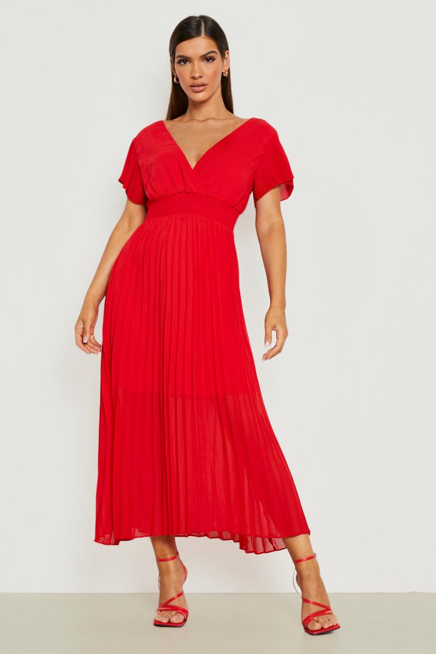 Red Pleated Chiffon Midi Dress image number 1