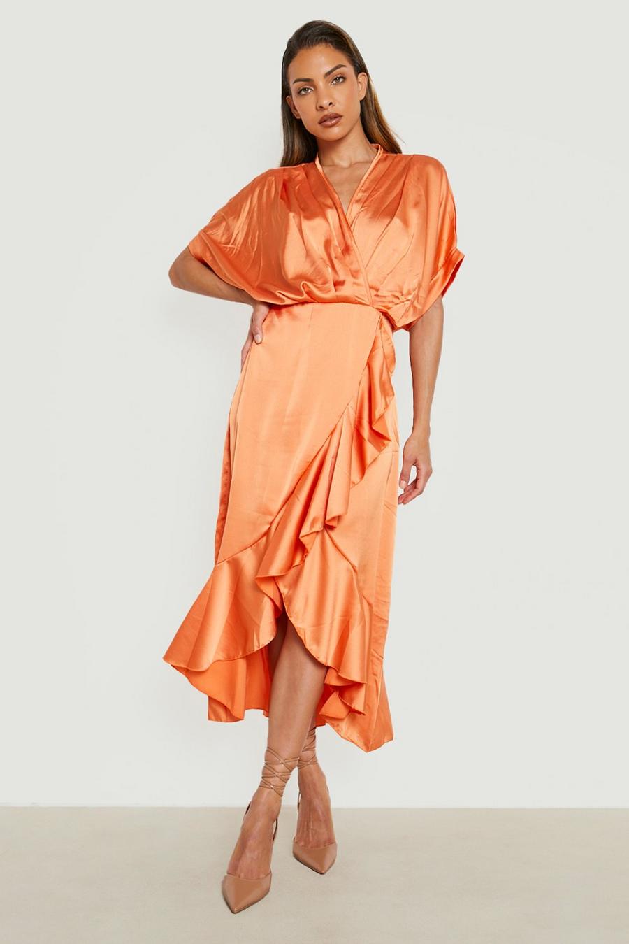Orange Satin Ruffle Wrap Midi Dress image number 1