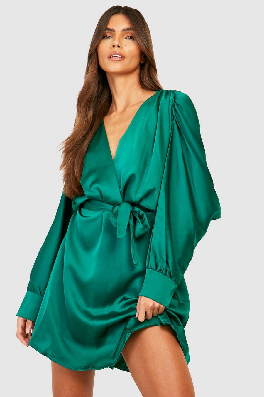 Green Batwing Satin Wrap Mini Dress image number 1
