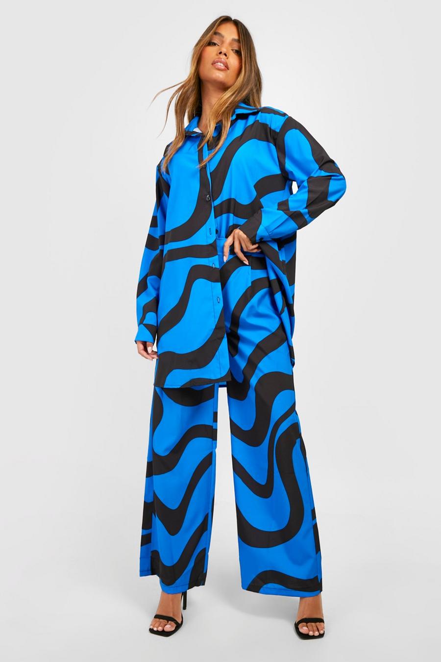Blue Printed Oversized Shirt And Pants Set image number 1