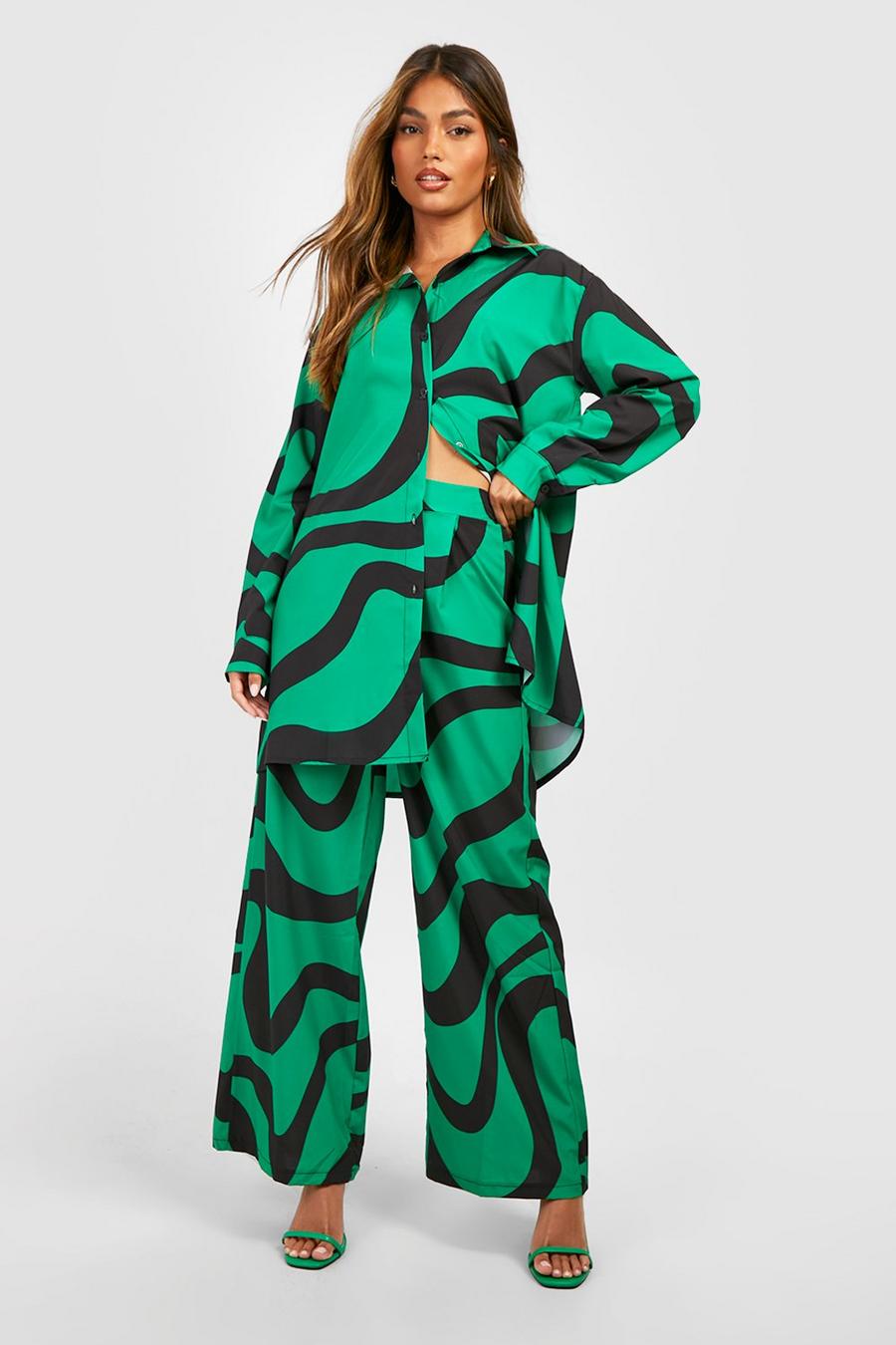 Green Printed Oversized Shirt And Pants Set image number 1