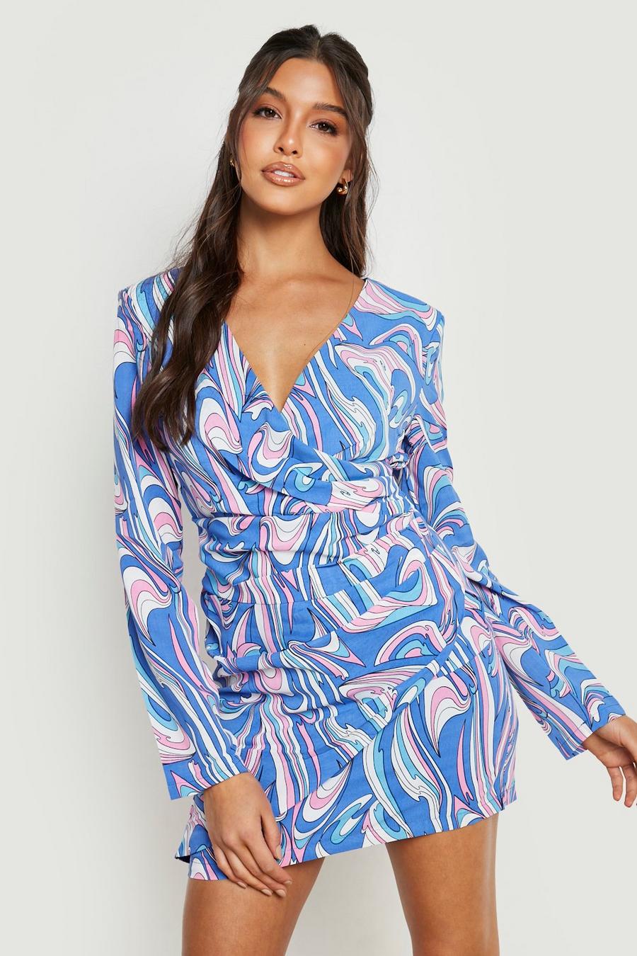 Blue Abstract Print Wrap Mini Dress image number 1