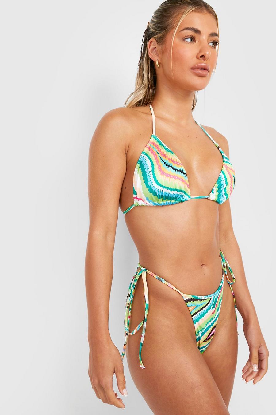 Bikini à imprimé marbre avec haut triangle et bas noué, Green image number 1