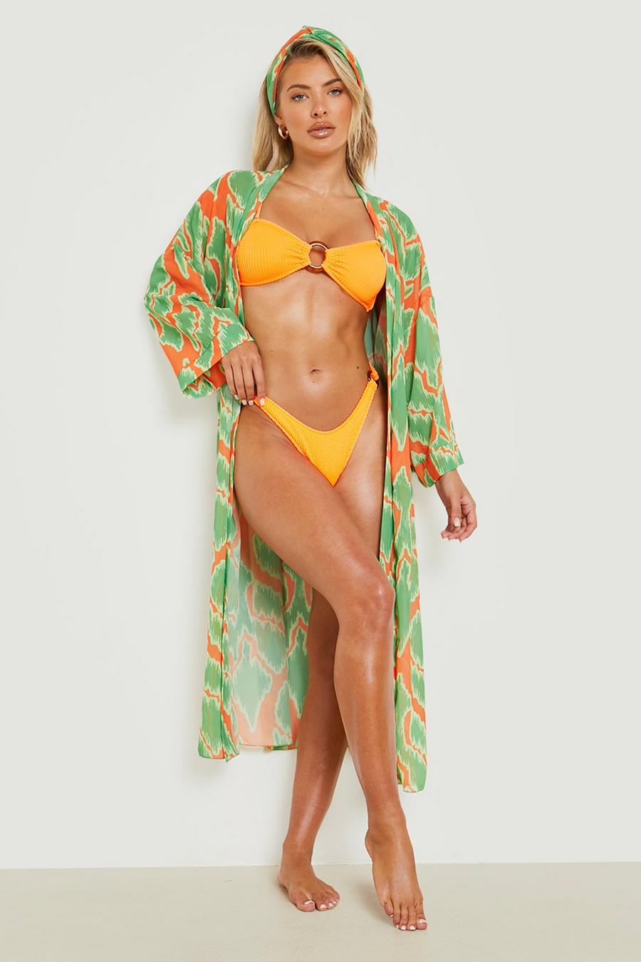 Green Printed Short Sleeve Beach Kimono With Headband image number 1