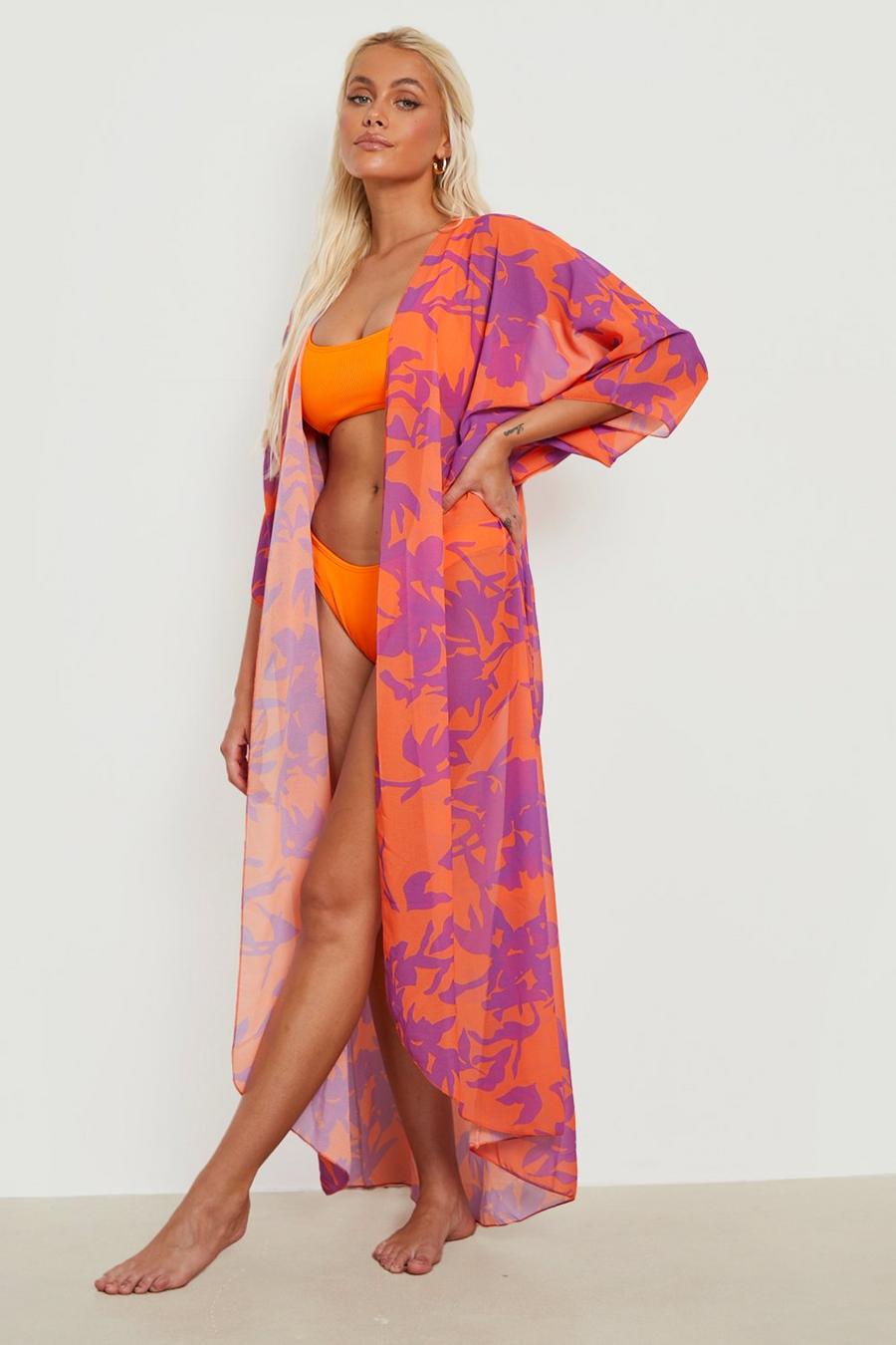 Kurzärmliger gemusterter Strand-Kimono, Orange image number 1