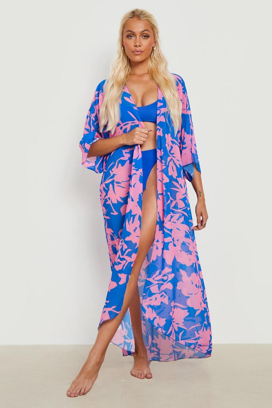 Kurzärmliger gemusterter Strand-Kimono, Sky blue